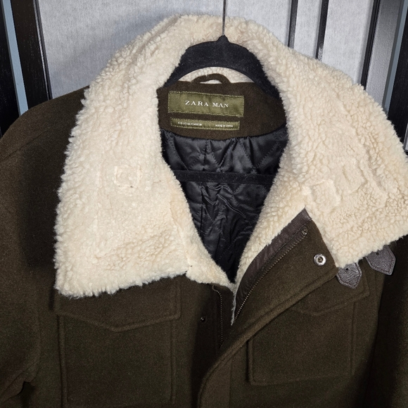 Zara Man Aviator Field Jacket Green Winter Coat Small Shearling Collar WoolBlend - Picture 2 of 7